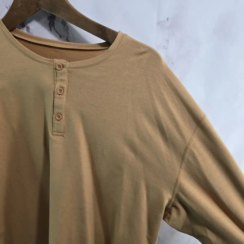 Bylt Shirt Mens Large Orange Drop Cut Henley Luxe Long Sleeve Tee T Button